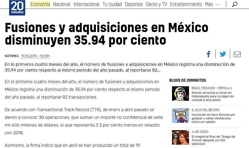 Fusiones y adquisiciones en Mxico disminuyen 35.94 por ciento